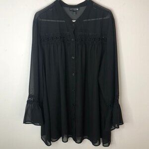 Antthony Original Womens Black Sheer Button Front Blouse Bell Sleeves Size 2X
